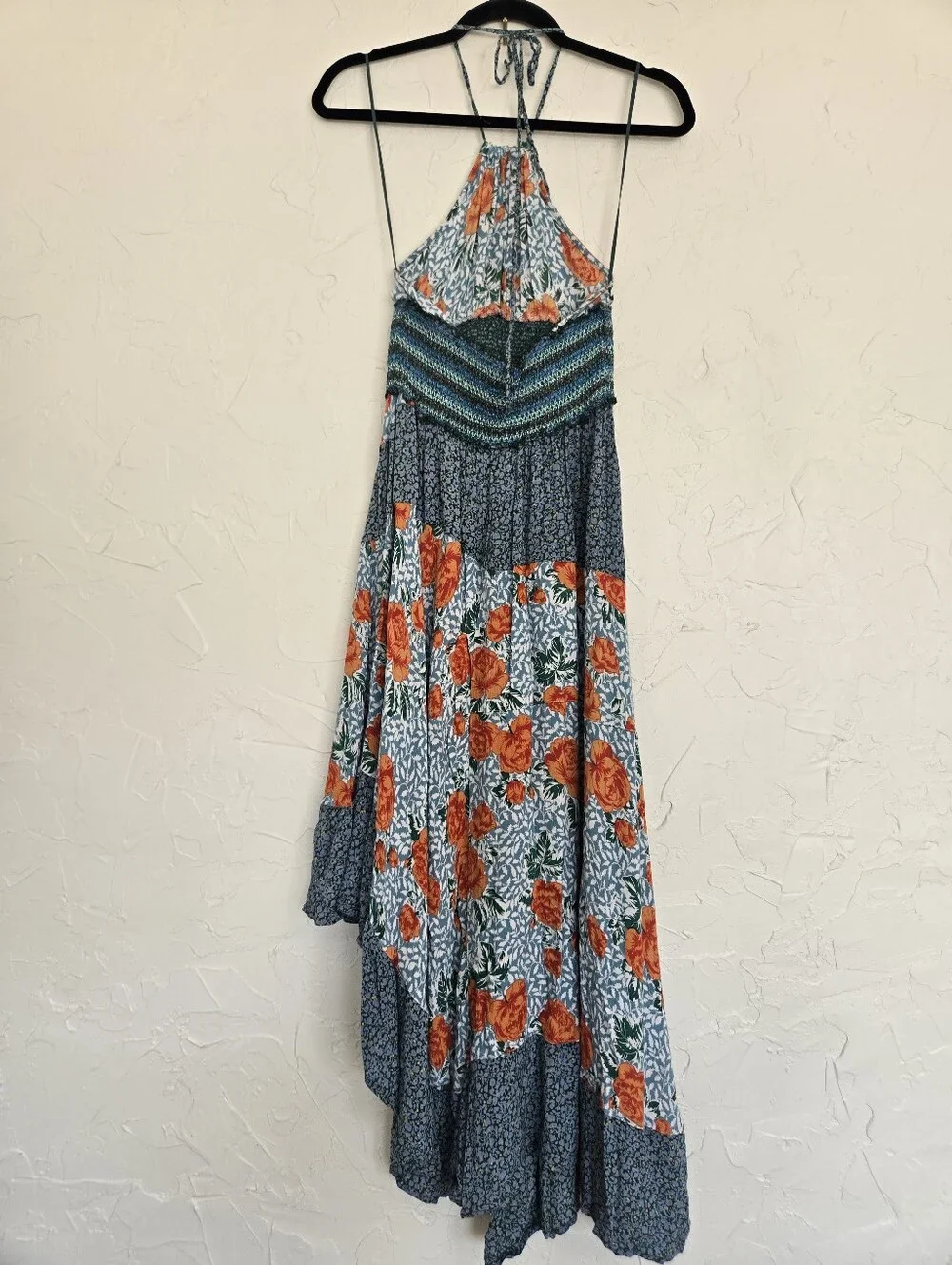 Free People Asymmetric Colorful Teal Orange Floral Halter Dress, S